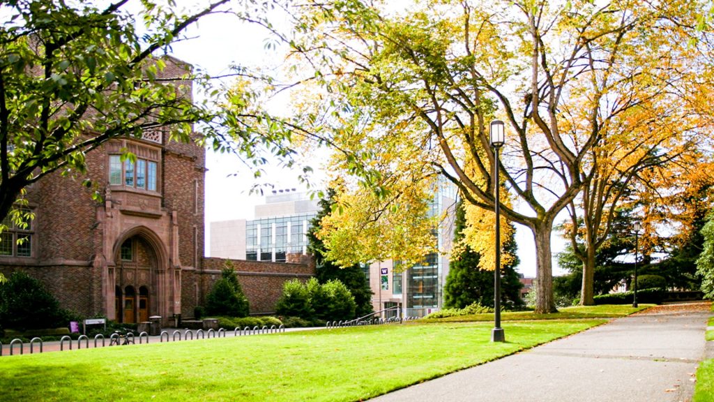 Picture of a brown building on a college campus with a tree in front.