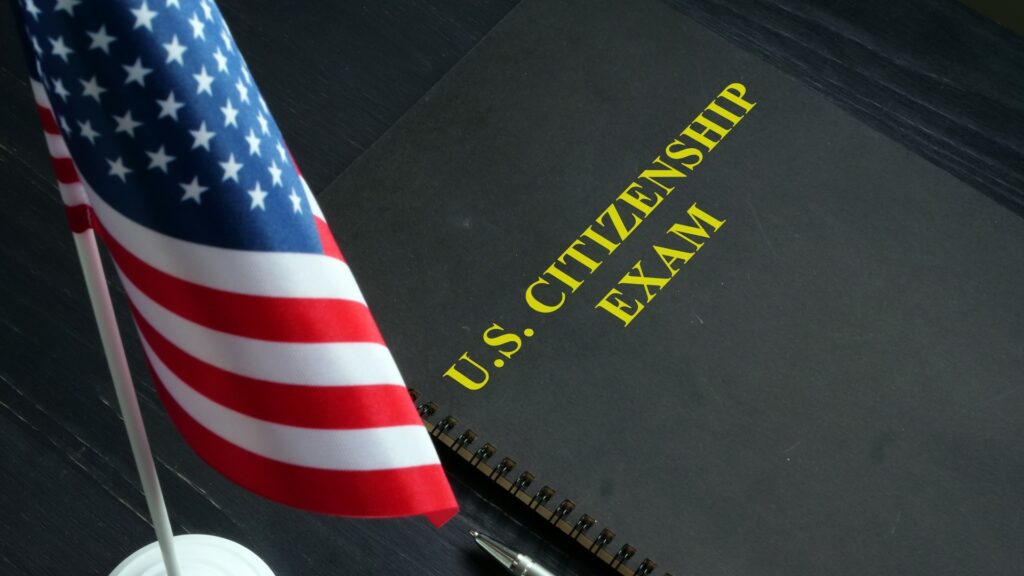 The U.S. naturalization process and citizenship test, next to an American flag.
