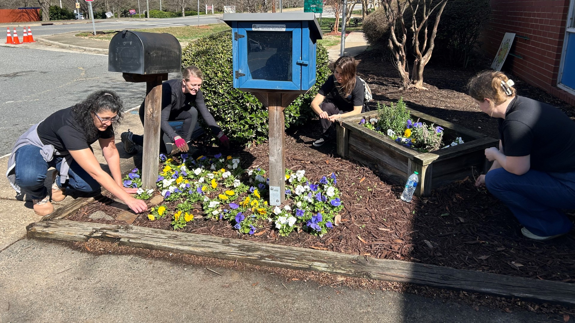 Members of Garfinkel Immigration Law Firm planting flowers at the Charlotte Bilingual Preschool. 