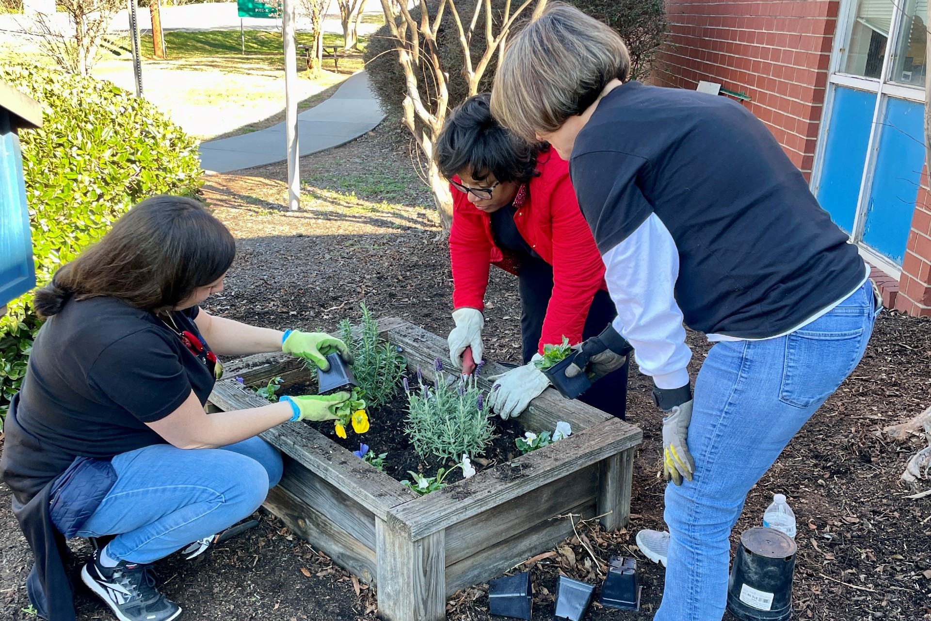 Members of the Garfinkel Immigration Law Firm staff planting flowers outside the school. 