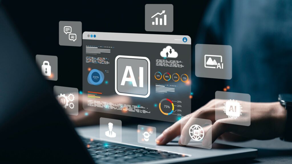 Person working on computer with an Artificial Intelligence (AI) graphic pulled out in front of screen