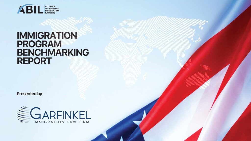 A picture of an American Flag with the Garfinkel Immigration and ABIL logo that reads "Immigration Program Benchmarking Report"