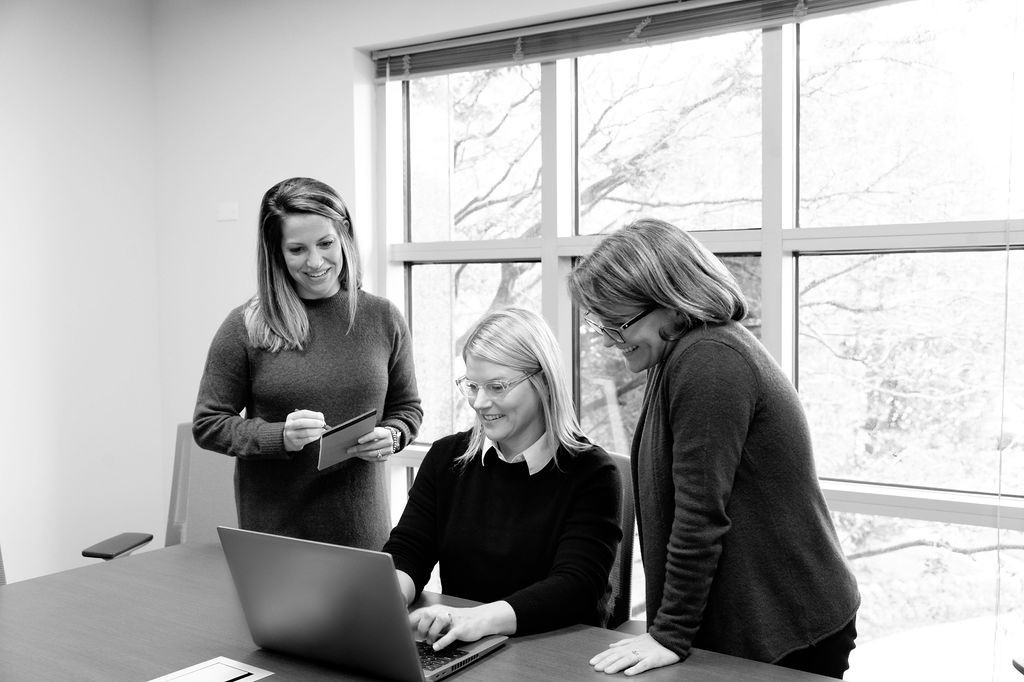 Colleen F. Molner, Hannah F. Little and Meredith W. Barnette looking at a computer in a conference room.